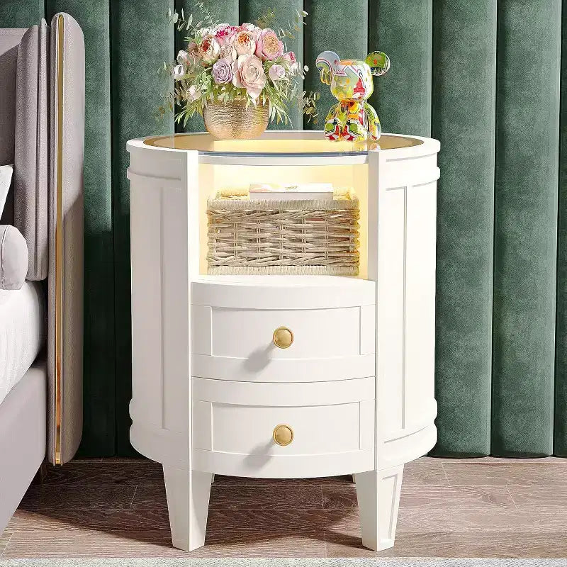 Lantine Lot de 2 tables de chevet modernes ivoire et blanc avec plateau en verre LED, 2 tiroirs, aucun assemblage requis, tables de chevet ovales pour chambre à coucher