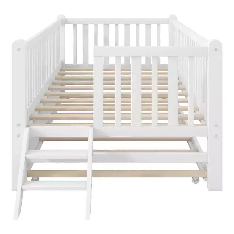 Whisen Twin Size Wood Platform Bed with Guardrail and 2 Drawers