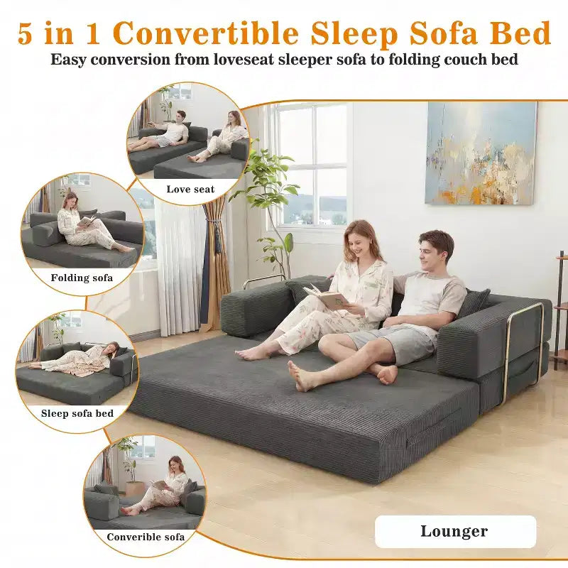 Dyonery 78Folding Sofa Bed Convertable Corduroy Couch King Size Floor Sleeper 4-in-1 DIY Combination Modular Sofa Fold Out Comfy sofa.