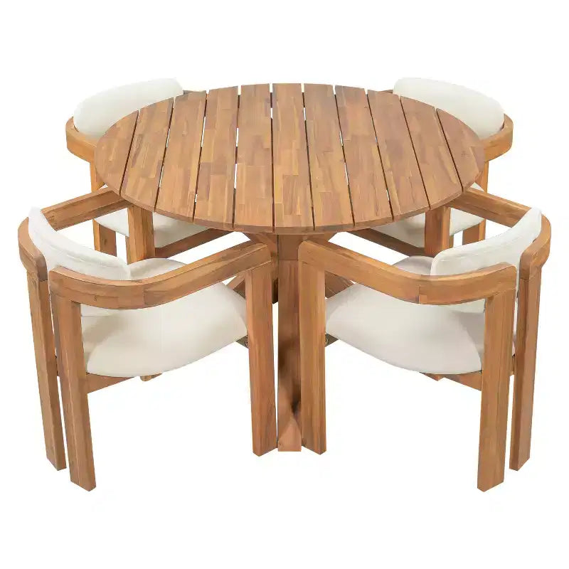 ModernLuxe 5pcs Outdoor Acacia Wood Round Dining Table Set, 47 Patio Table with 4 Cushioned Barrel Chairs for Garden/Patio/Backyard