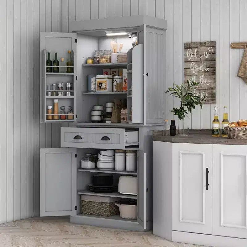 71 Kitchen Pantry Cabinet with LED Lights, 6 Door Shelves, a Drawer and 4 Adjustable Shelves