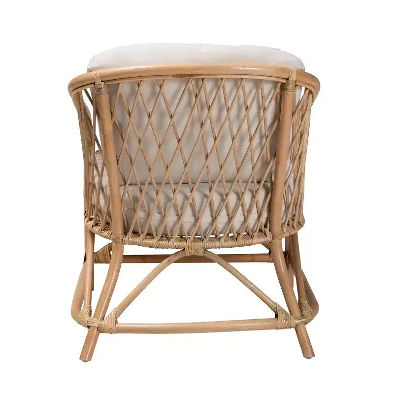 bali & pari Patsy Modern Bohemian White Fabric and Natural Brown Rattan Armchair