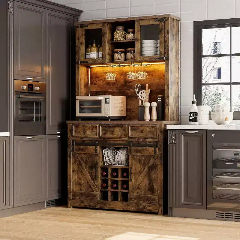 72 Inch Farmhouse Coffee Bar Cabinet with Wine Glass Rack, Large Kitchen Hutch with 3 Drawers and Sliding Barn Door, Tall Storage Cabinet for Home Bar
