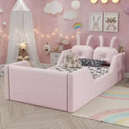 Whisen Twin Platform Bed, Kids Floor Upholstered Bed Frame with Rabbit Cushion, Removable Side Rails