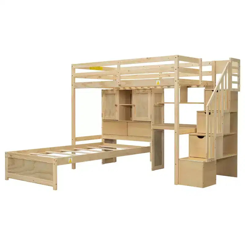 Wood Twin Size Bunk Bed with Desk and Staircase, L-Shaped Twin over Twin Loft Bed with Storage Compartments and Shelves