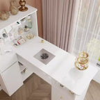 White Nail Table with Built-in Dust Extractor, Tempered Glass Display, Gold Handles Nail Salon Station Makeup Vanity Makeup Table