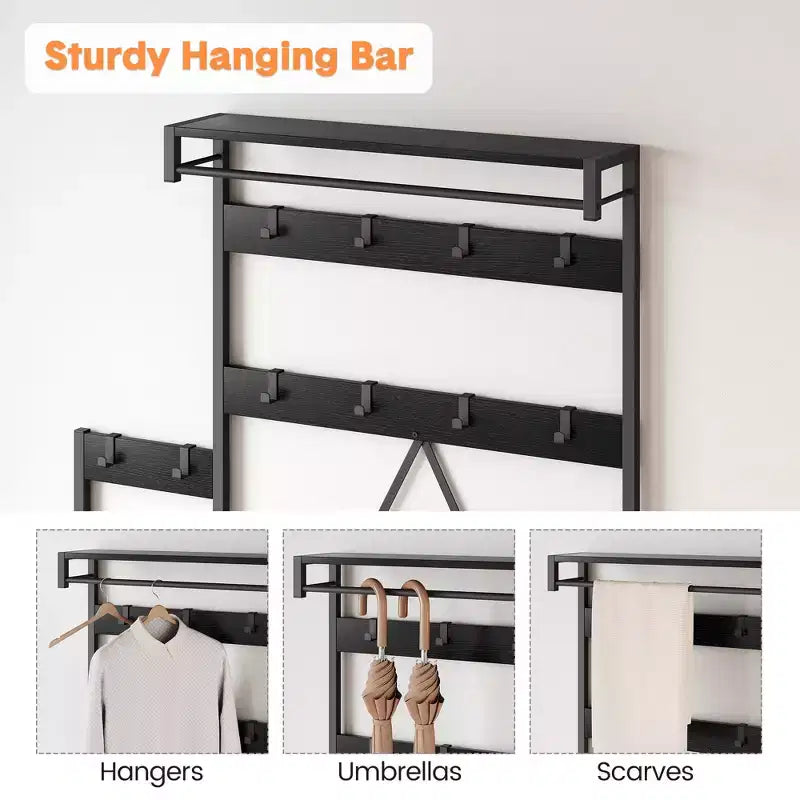 Entryway Shoe Storage Rack with Bench, Coat Rack Hall Tree with 7 Hooks and Storage Shelf, Entryway Coat Rack for Hallway Mudroom Bedroom