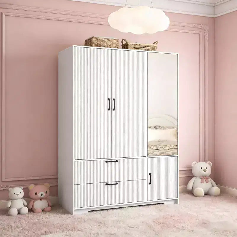 4 Doors White Wardrobe Closet with Mirror, LED Lights, 2 Drawers, Hanging Rod & Adjustable Shelves, Wooden Bedroom Storage Cabinet