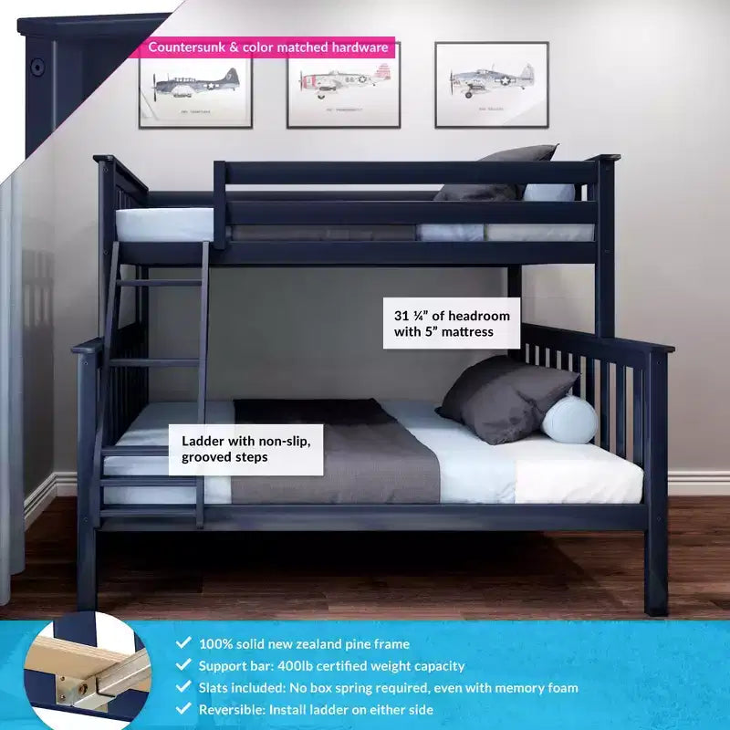 Max & Lily Bunk Bed Twin over Full Size, Solid Wood Bunk Beds with Ladder for Kids