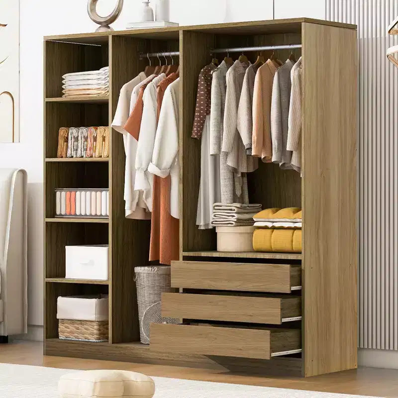 Armoire de rangement Whisen sans portes en bois avec étagères et 3 tiroirs - Naturel
