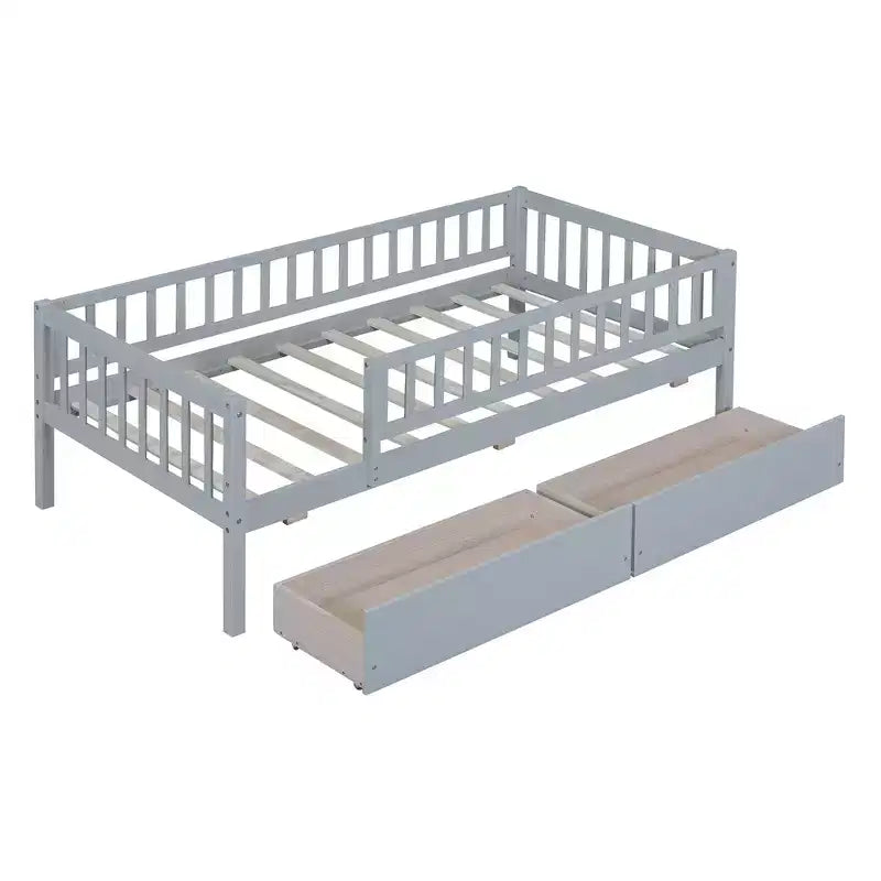Twin Size Low Daybed with Storage Drawers, Wood Twin Platform Bed Frame with Rails for Boys and Girls Bedroom