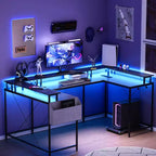 COZONY 78 U/L Shaped Gaming Desk, Reversible Computer Desk with Power Outlets, LED Lights, Monitor Stand & Storage Shelf, Corner Desk for Home Office