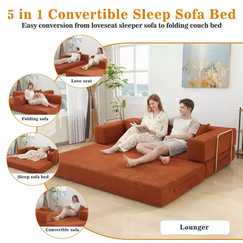 Dyonery 78Folding Sofa Bed Convertable Corduroy Couch King Size Floor Sleeper 4-in-1 DIY Combination Modular Sofa Fold Out Comfy sofa.