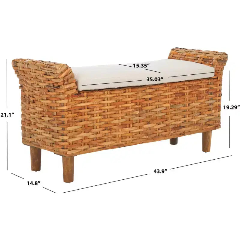Upholstered Bench with Mango Wood and Rattan Frame, White and Brown