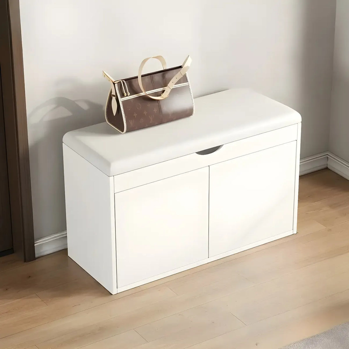 Banc de rangement à chaussures en bois massif avec coussin et étagère ouverte