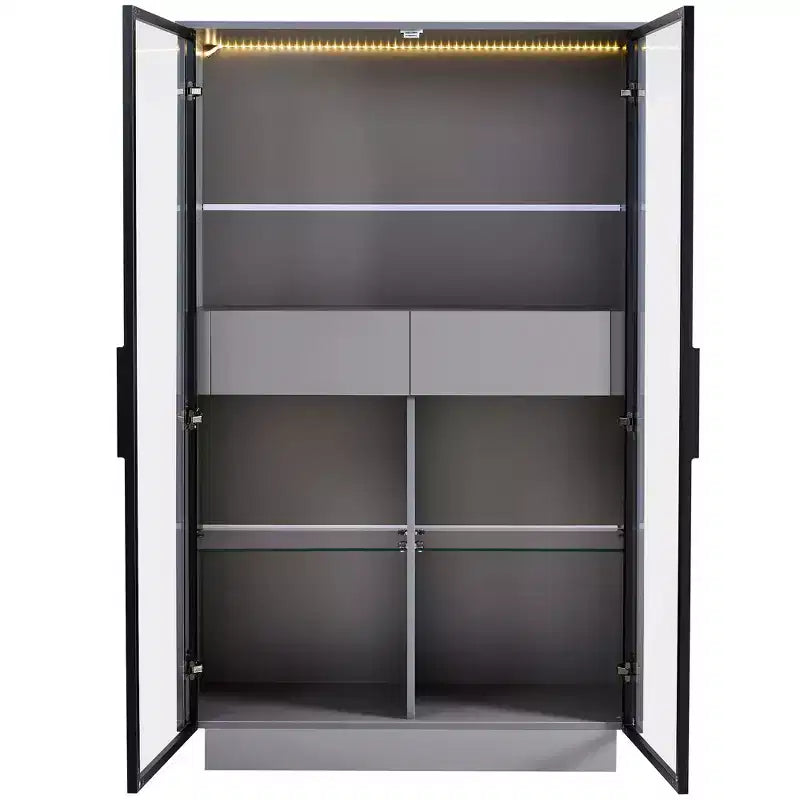 Lighted Display Cabinet LED Curio Cabinet Storage Cabinet with Tempered Glass Door, 2 Drawers, Adjustable Shelves, Modern Minimalist, Gray-ModernLuxe
