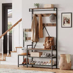 Entryway Shoe Storage Rack with Bench, Coat Rack Hall Tree with 7 Hooks and Storage Shelf, Entryway Coat Rack for Hallway Mudroom Bedroom