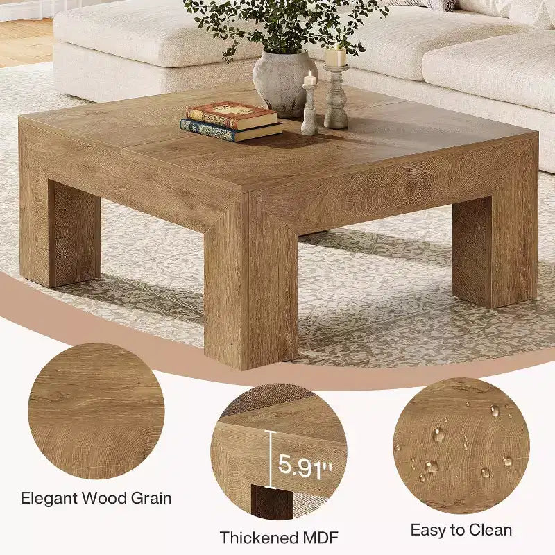 Table basse carrée Lantine de 99 cm pour salon, table basse d'appoint style ferme avec pieds en bois robustes, montage facile