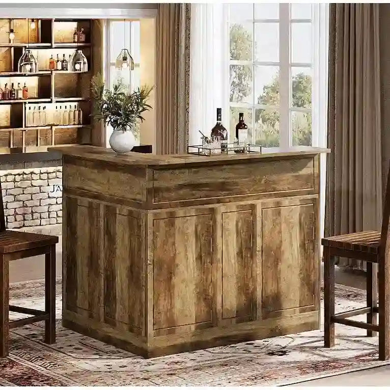 L-Shaped Bar Cabinet with Stemware Racks for Home Pub