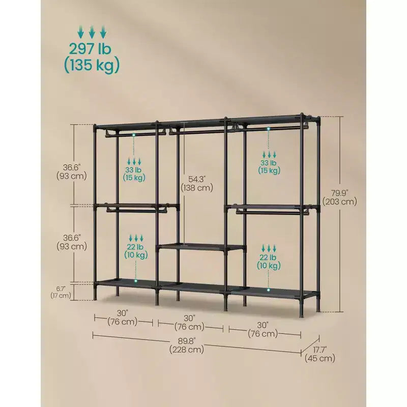 SONGMICS Clothes Rack, Heavy-Duty Wardrobe Closet Organizer with Hanging Rails and Shelves, Total Load 297 lb, Easy Assembly, Ink Black