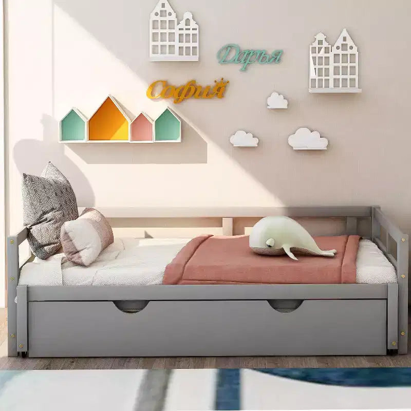 Okak Twin Size Extending Design Daybed with Trundle/Drawers & Safety Rails,Solid Wood Platform Bed Frame for Teens,Adults