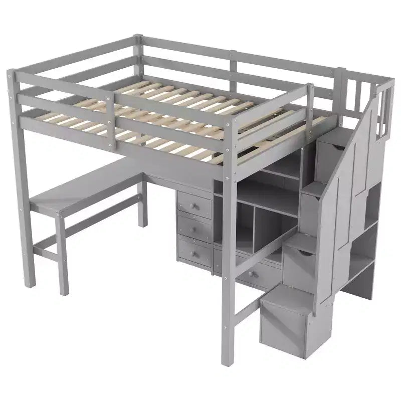 Clihome Full Size Loft Bed with L-Shaped Desk and Drawers, Cabinet and Storage Staircase