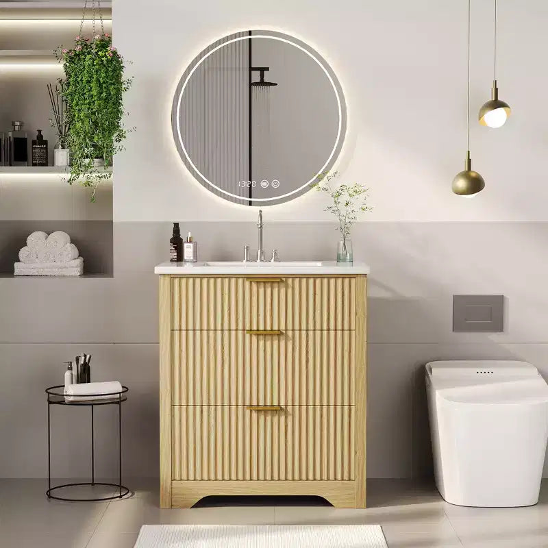 Modern Fluted Bathroom Vanity Set with Integrated Ceramic Basin Freestanding Bathroom Storage Vanity Cabinet with 3 Drawers for Contemporary Bathroom