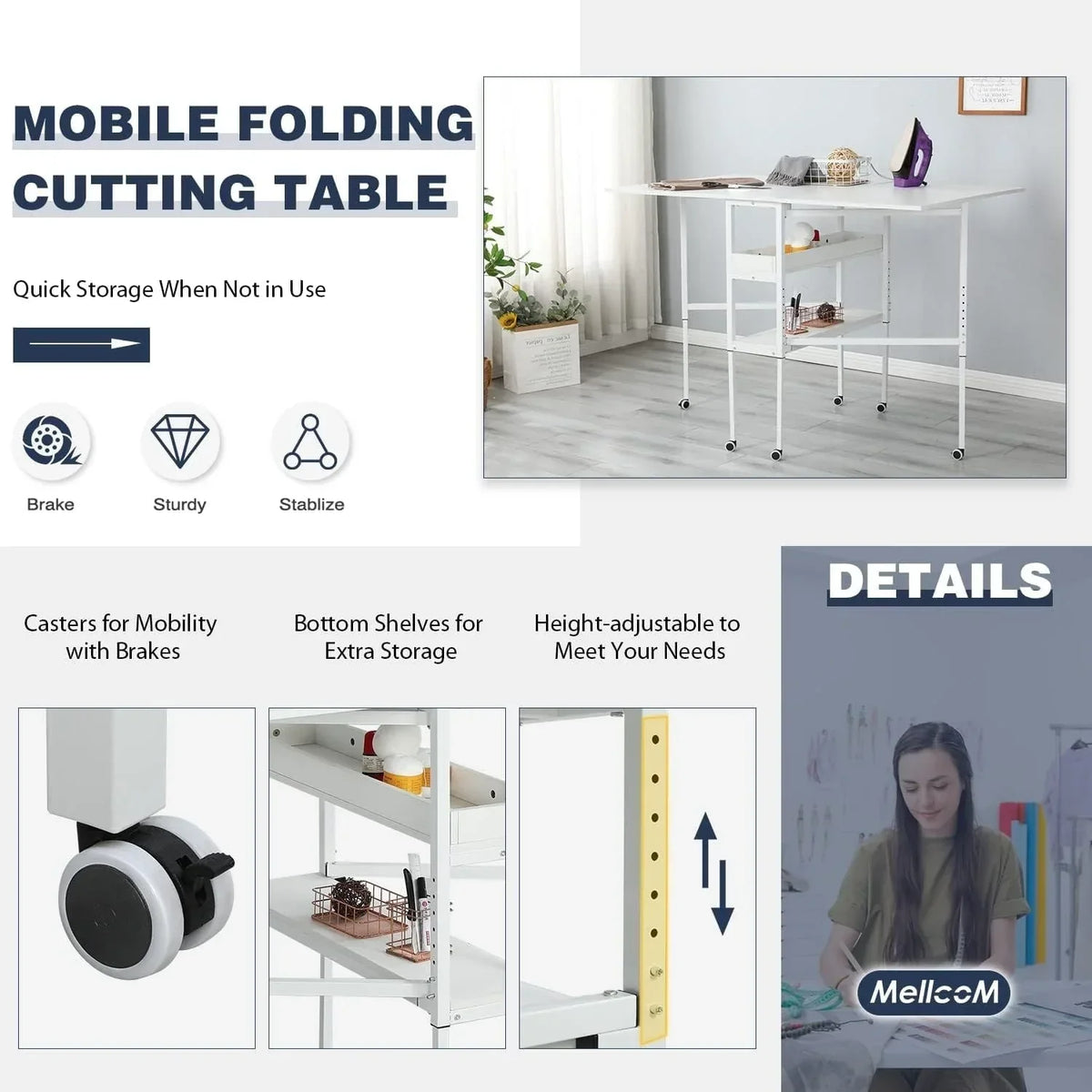 Height Adjustable Craft Table with Storage Shelves, Mobile Folding Cutting Table for Home Office Sewing Room Craft Room