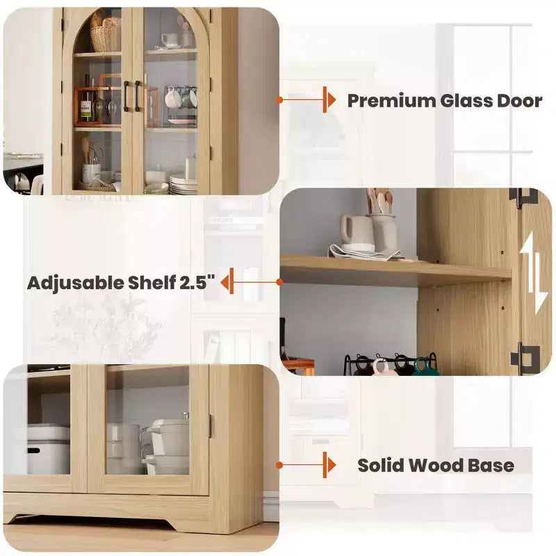 70 Tall Kitchen Pantry Cabinet, Modern Display Cabinet with 4 Arched Glass Doors and Adjustable Shelves, for Kitchen, Living Room, Dining, Bathroom