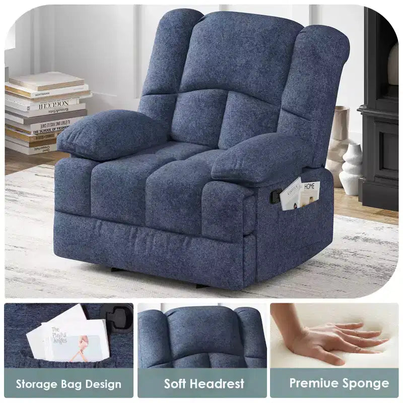 Blue Oversized Rocking Recliner Chair with Chenille Upholstery