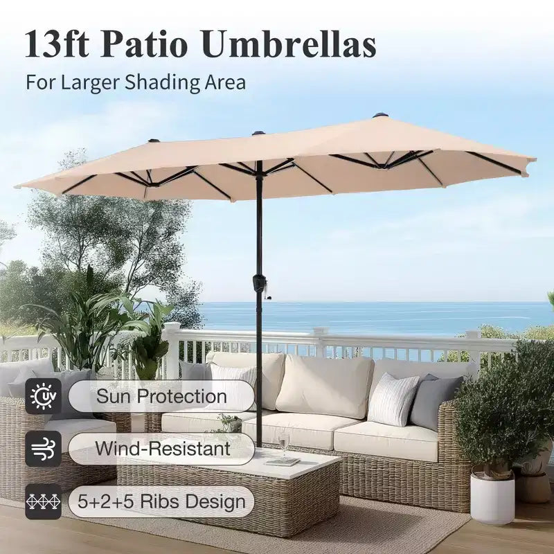 Captiva Designs 8pc Outdoor Patio Rectangle Steel Dining Table & Rattan Swivel Chairs & Beige Umbrella
