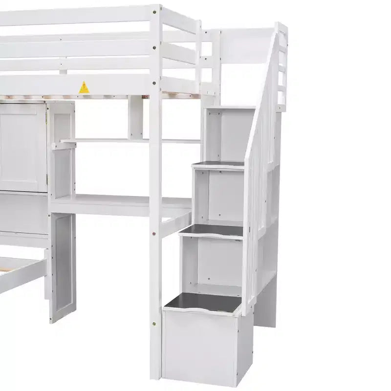 Wood Twin Size Bunk Bed with Desk and Staircase, L-Shaped Twin over Twin Loft Bed with Storage Compartments and Shelves