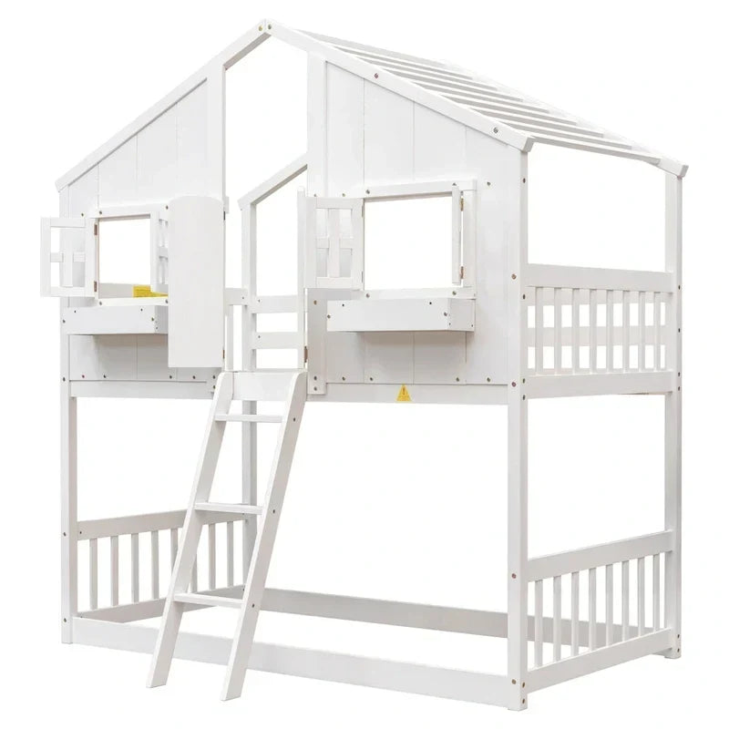 Twin over Twin House Bunk Bed with Roof , Window, Window Box, Door , with Safety Guardrails and Ladder, Grey