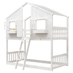 Twin over Twin House Bunk Bed with Roof , Window, Window Box, Door , with Safety Guardrails and Ladder, Grey