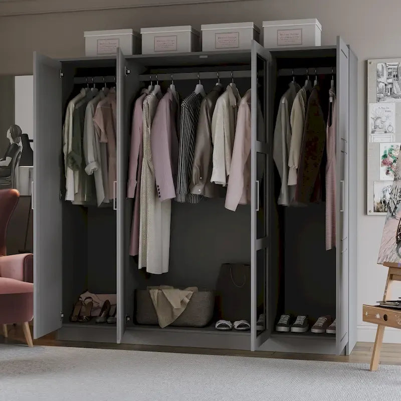 100% Solid Wood  4-Door Wardrobe with Solid Wood or Mirrored Doors