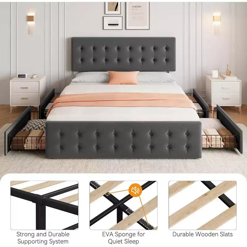 Storage Bed Frame with 4 Drawers & Adjustable Headboard - Upholstered Platform Bed