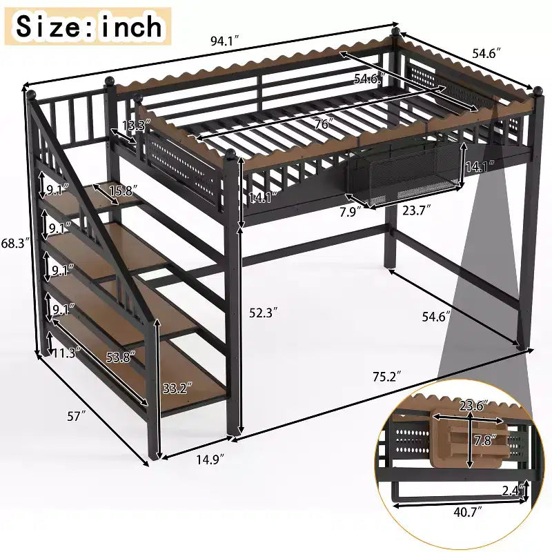Lit mezzanine en métal ModernLuxe Twin XL/Full/Queen avec escaliers de rangement et étagères, cadre de lit mezzanine robuste, noir