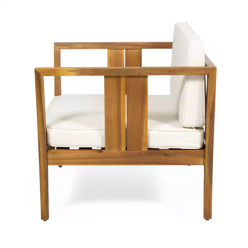 Nicholson Outdoor 4 Seater Acacia Wood Chat Set - Teak/Beige - Christopher Knight Home: Patio Conversation Set with Cushions & Coffee Table