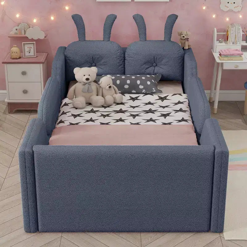 Whisen Twin Platform Bed, Kids Floor Upholstered Bed Frame with Rabbit Cushion, Removable Side Rails