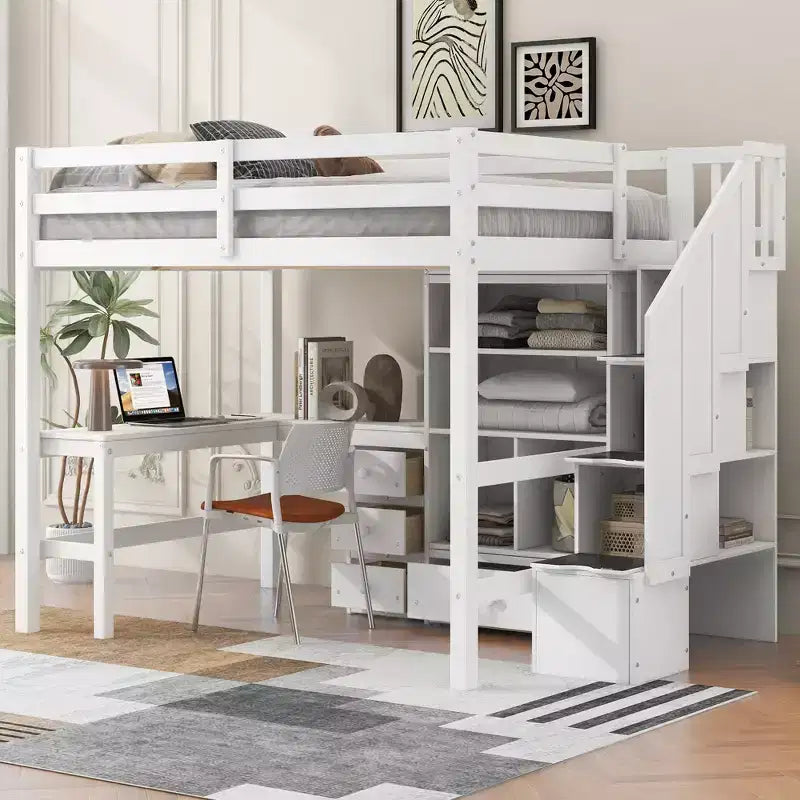 Clihome Full Size Loft Bed with L-Shaped Desk and Drawers, Cabinet and Storage Staircase