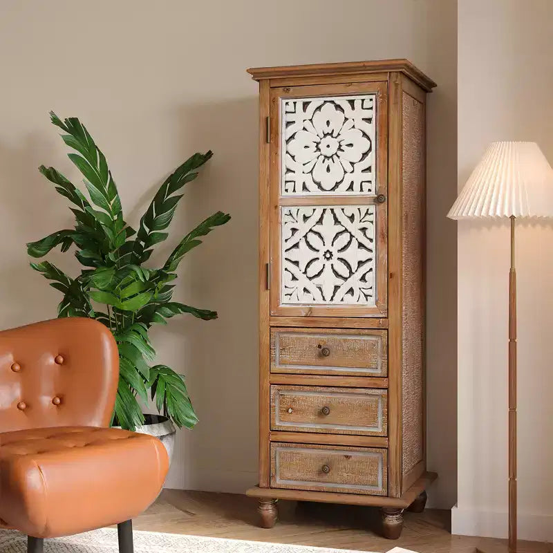 GDFStudio Brielle Rustic Tall Storage Cabinet with Floral Cutout Door and Drawers