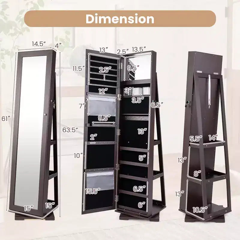 Costway Armoire à bijoux rotative à 360° 2-en-1 Organiseur miroir verrouillable Blanc/Noir/Marron foncé/Gris/Bleu/Rose/Violet/Gris foncé