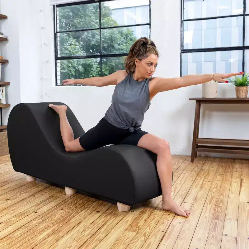 Avana Chaise Lounge Chair for Stretching and Relaxation, Hevea Wood Feet, Faux Leather - Submarine Grey