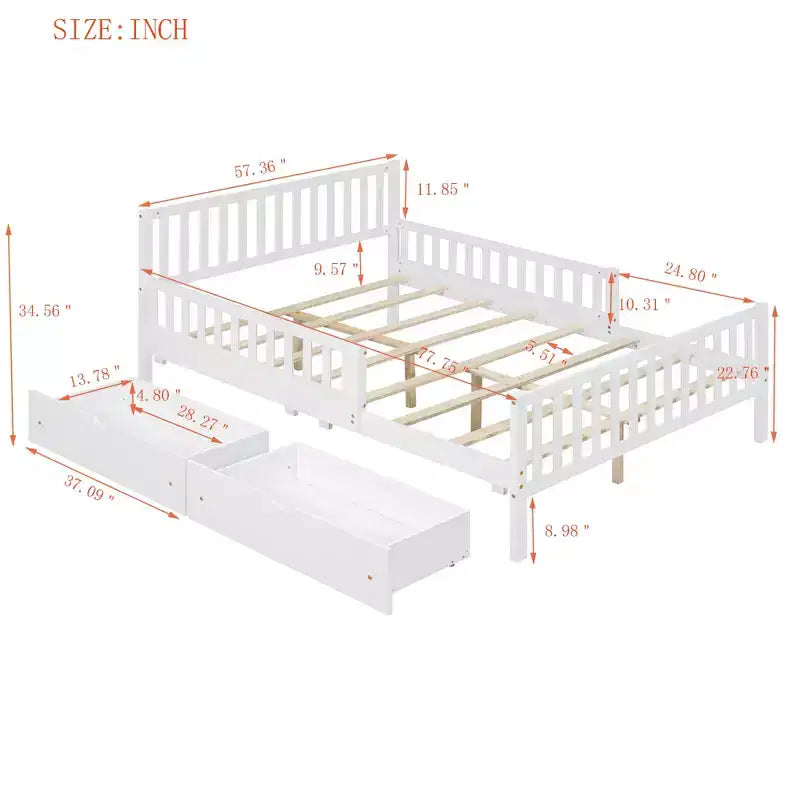 Full Size Wood Platform Bed with Guardrails on Both Sides and Two Storage Drawers, White