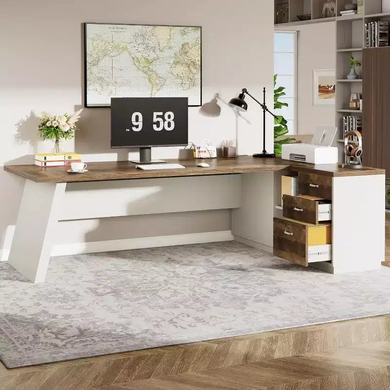 Bureau de direction en L Lantine Modern 78 avec tiroirs et classeur latéral