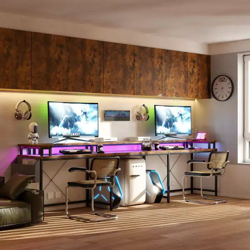 COZONY 78 U/L Shaped Gaming Desk, Reversible Computer Desk with Power Outlets, LED Lights, Monitor Stand & Storage Shelf, Corner Desk for Home Office