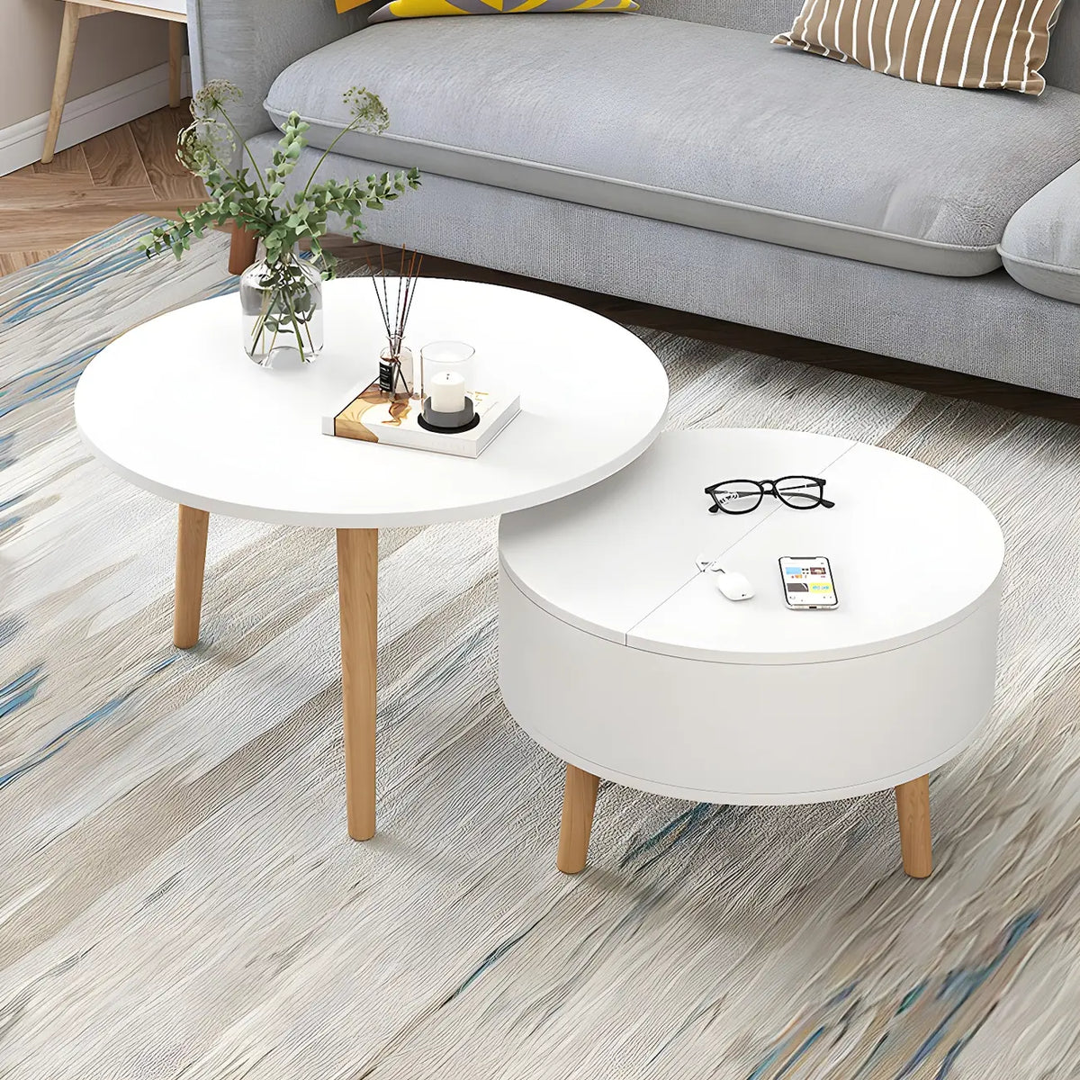 Black White Modern Round Wood Coffee Table with Storage