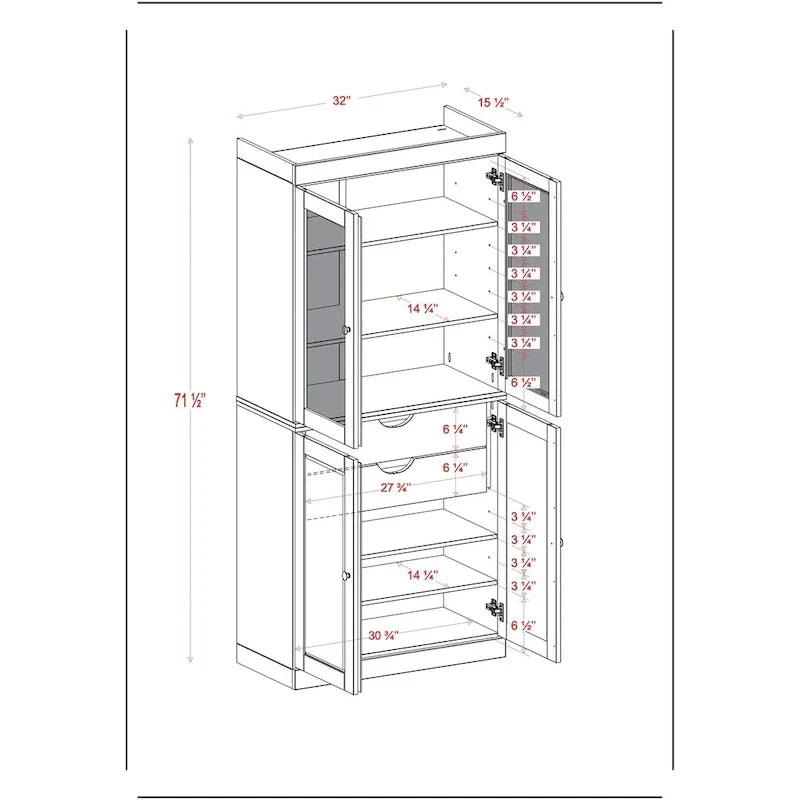 100% Solid Wood Pantry Cabinet with Frosted Glass Doors, Solid Doors, 2-Drawers and Adjustable Shelves