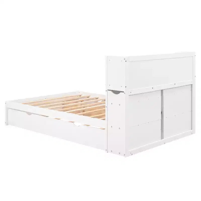 Full Storage Platform Bed with Trundle, Bookcase Headboard and Charging Station, Wooden Full Size Bed Frame with Shelves and Drawers