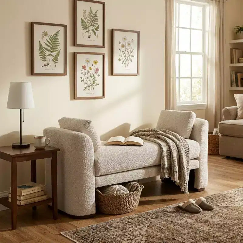 GDFStudio Jase Contemporary Rubberwood Boucl Upholstered Bench with Pillows